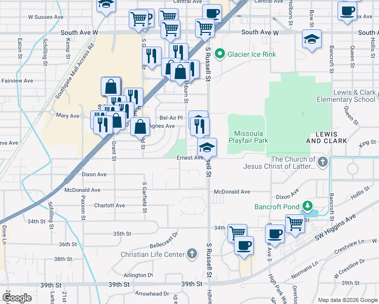 map of restaurants, bars, coffee shops, grocery stores, and more near 1508 Ernest Avenue in Missoula