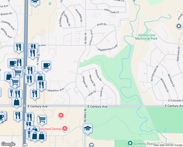 map of restaurants, bars, coffee shops, grocery stores, and more near 3227 Nevada Street in Bismarck