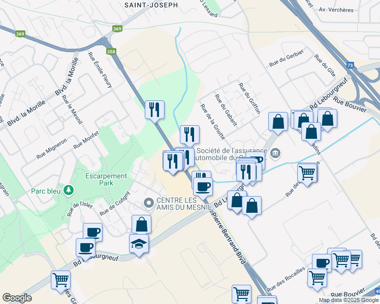 map of restaurants, bars, coffee shops, grocery stores, and more near 6700 Boulevard Pierre-Bertrand in Québec