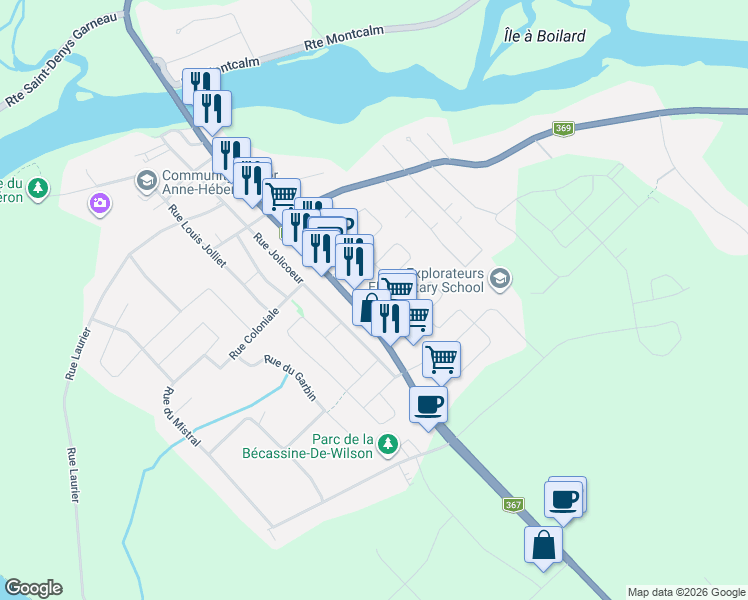 map of restaurants, bars, coffee shops, grocery stores, and more near 4560 Route de Fossambault in Sainte-Catherine-de-la-Jacques-Cartier