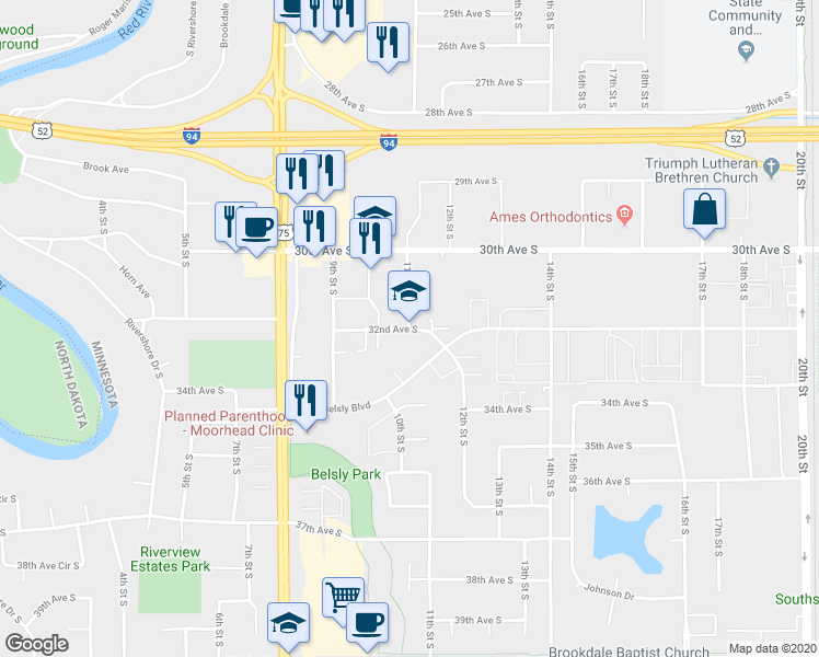 map of restaurants, bars, coffee shops, grocery stores, and more near 1021 32nd Avenue South in Moorhead