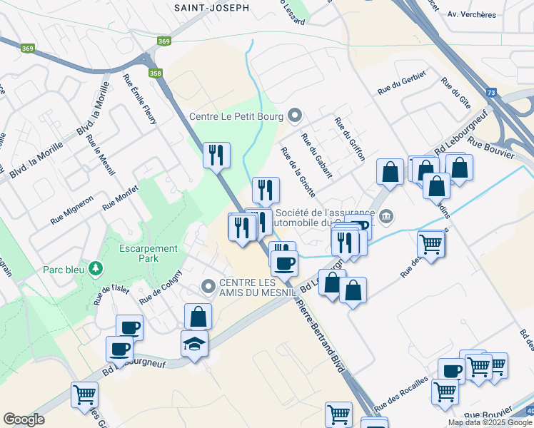 map of restaurants, bars, coffee shops, grocery stores, and more near 6700 Boulevard Pierre-Bertrand in Québec
