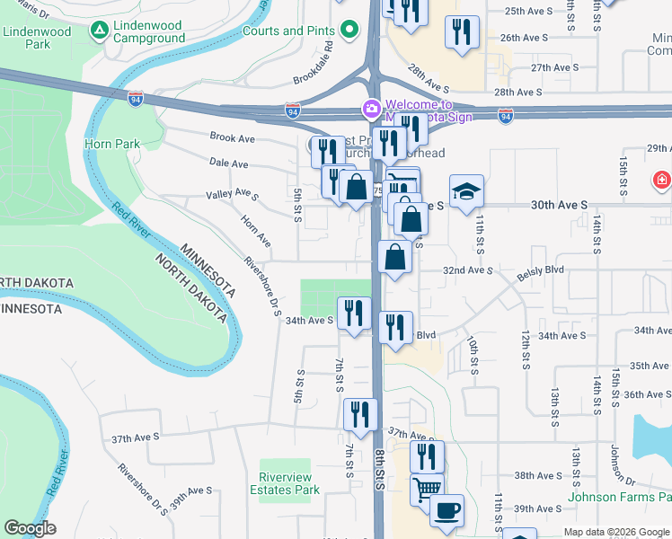 map of restaurants, bars, coffee shops, grocery stores, and more near 711 32nd Avenue South in Moorhead