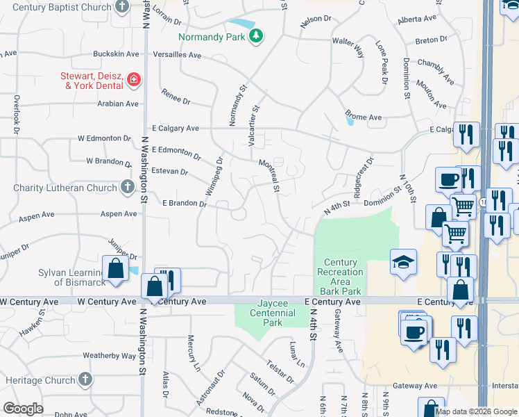 map of restaurants, bars, coffee shops, grocery stores, and more near 407 East Brandon Drive in Bismarck