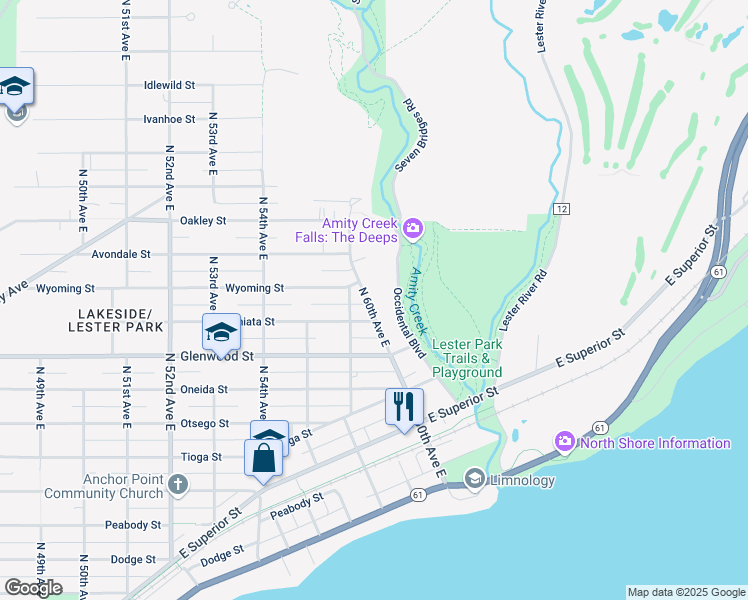 map of restaurants, bars, coffee shops, grocery stores, and more near 316 North 60th Avenue East in Duluth