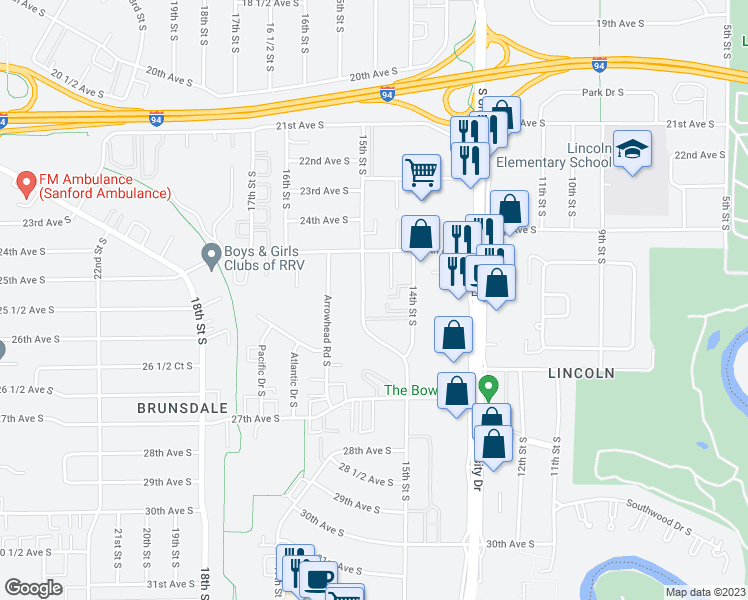 map of restaurants, bars, coffee shops, grocery stores, and more near 2545 14th Street South in Fargo