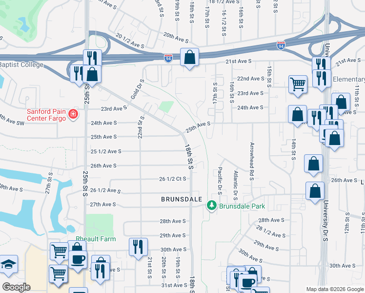 map of restaurants, bars, coffee shops, grocery stores, and more near 2509-2511 18th Ave S in Fargo