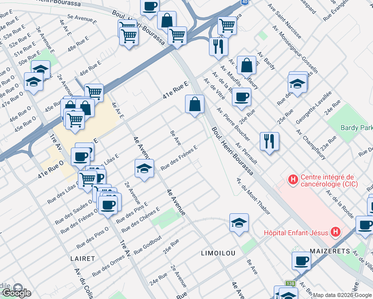 map of restaurants, bars, coffee shops, grocery stores, and more near 3150 8e Avenue in Québec