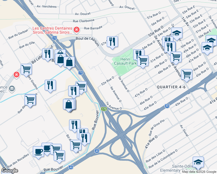 map of restaurants, bars, coffee shops, grocery stores, and more near 5115 6e Av Ouest in Quebec