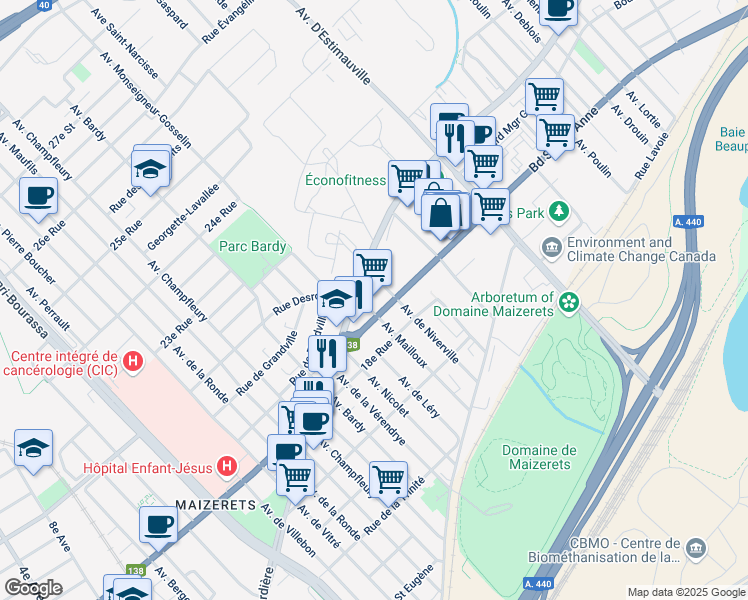 map of restaurants, bars, coffee shops, grocery stores, and more near 2285 Boulevard Sainte-Anne in Québec