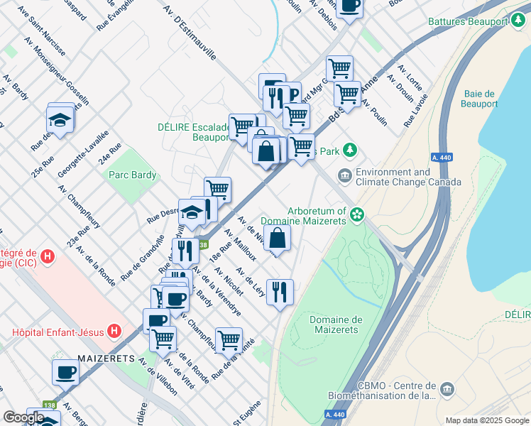 map of restaurants, bars, coffee shops, grocery stores, and more near 1780 Avenue Ernest Lapointe in Québec