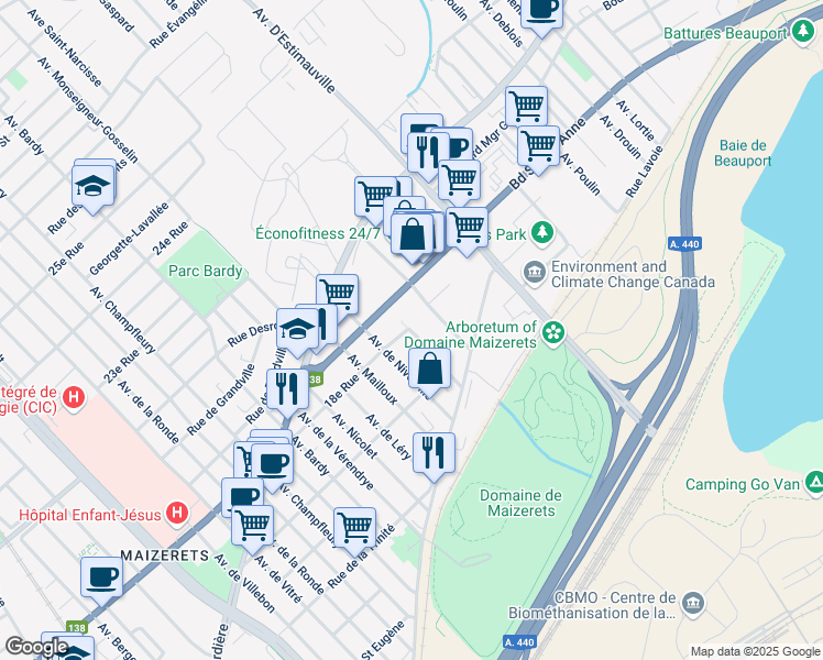 map of restaurants, bars, coffee shops, grocery stores, and more near 1780 Avenue Ernest Lapointe in Quebec