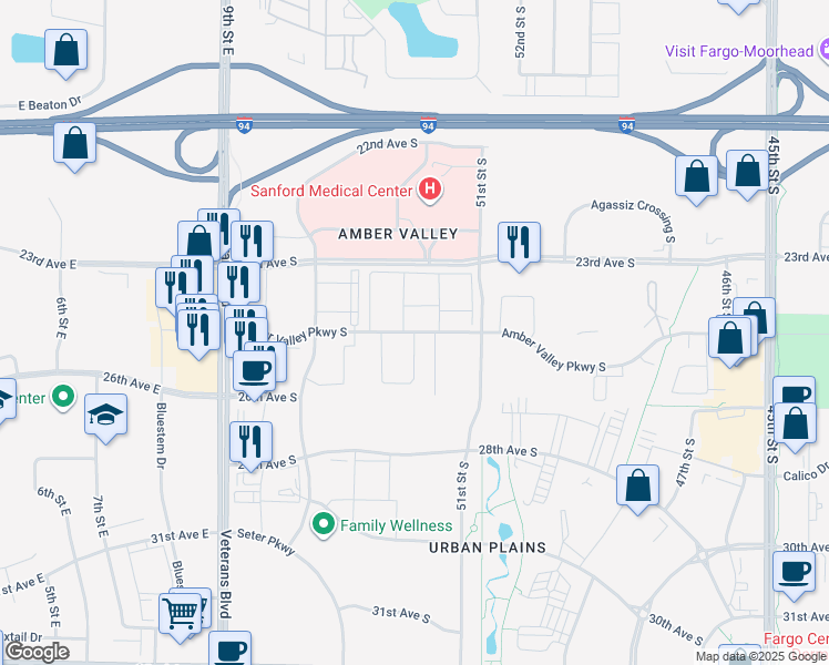 map of restaurants, bars, coffee shops, grocery stores, and more near 5400 Amber Valley Parkway South in Fargo