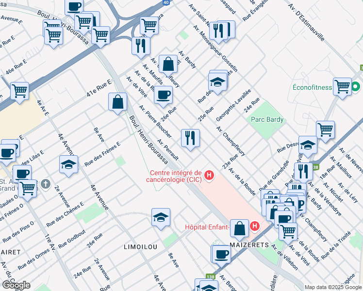 map of restaurants, bars, coffee shops, grocery stores, and more near 2480 Avenue Pierre Boucher in Ville de Québec