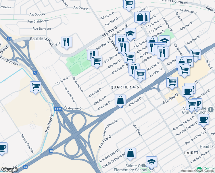 map of restaurants, bars, coffee shops, grocery stores, and more near 400 47e Rue Ouest in Ville de Québec