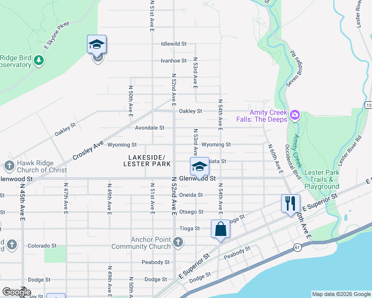 map of restaurants, bars, coffee shops, grocery stores, and more near 5220 Wyoming Street in Duluth