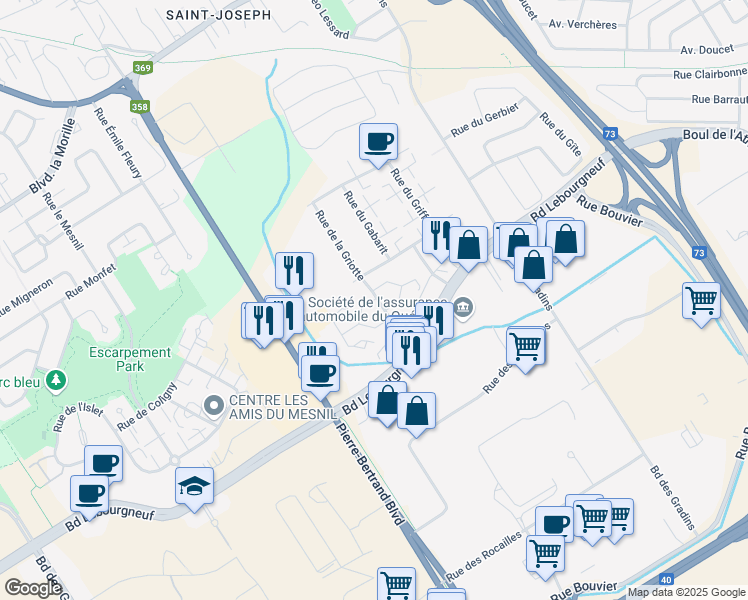 map of restaurants, bars, coffee shops, grocery stores, and more near 6145 Rue de la Griotte in Québec