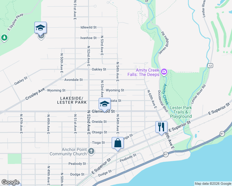 map of restaurants, bars, coffee shops, grocery stores, and more near 5336 Wyoming Street in Duluth