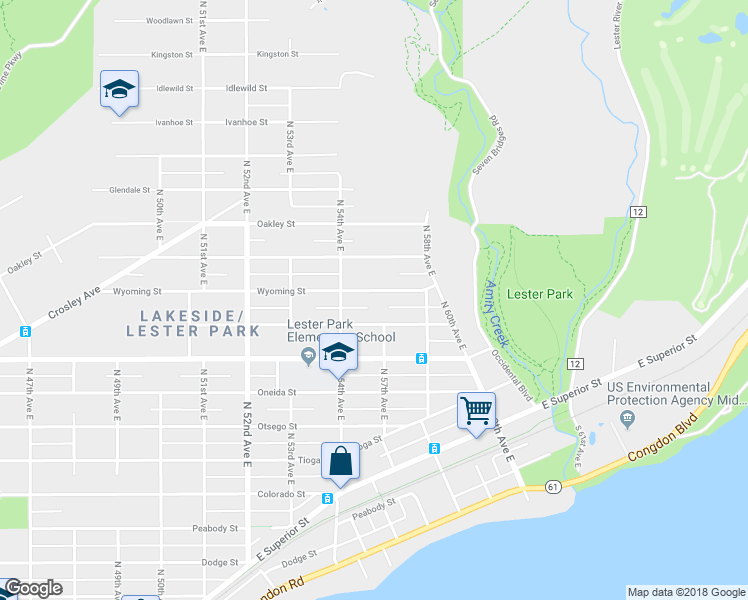 map of restaurants, bars, coffee shops, grocery stores, and more near 5428 Wyoming Street in Duluth