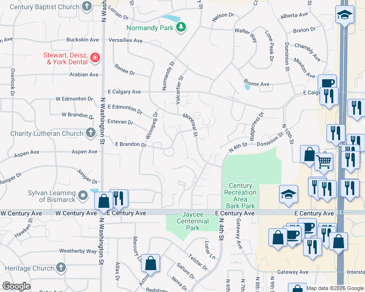 map of restaurants, bars, coffee shops, grocery stores, and more near 407 East Brandon Drive in Bismarck