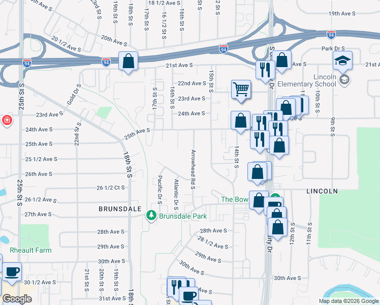 map of restaurants, bars, coffee shops, grocery stores, and more near 2531 Arrowhead Road South in Fargo