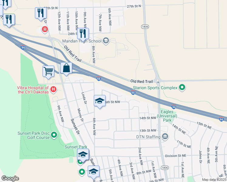 map of restaurants, bars, coffee shops, grocery stores, and more near 402 17th Street Northwest in Mandan