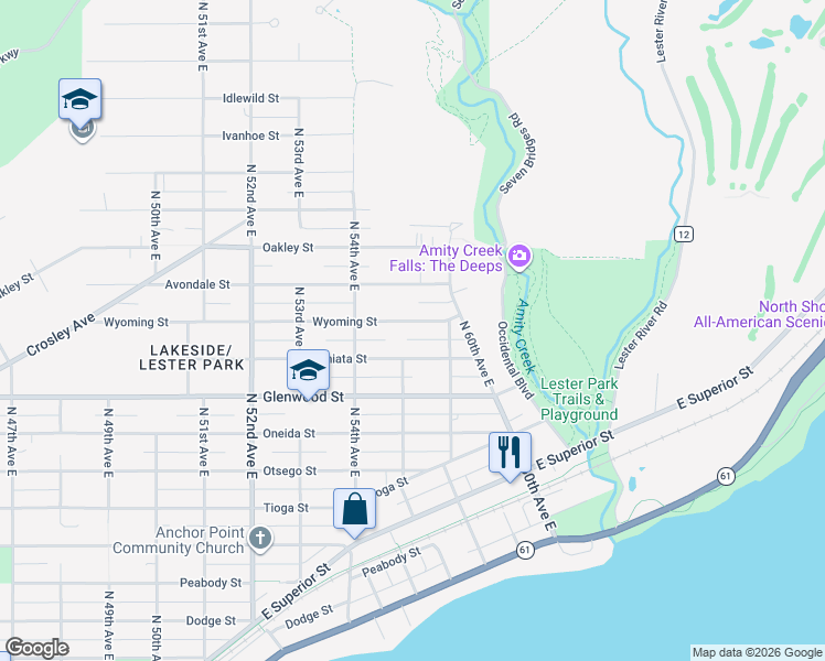 map of restaurants, bars, coffee shops, grocery stores, and more near 5718 Wyoming Street in Duluth