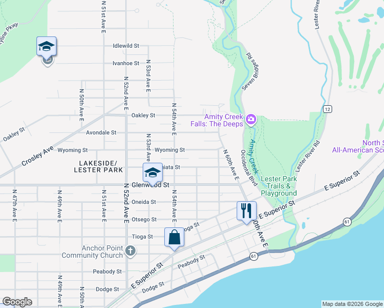 map of restaurants, bars, coffee shops, grocery stores, and more near 5428 Wyoming Street in Duluth