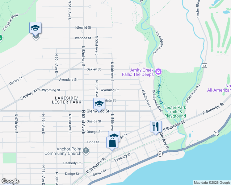 map of restaurants, bars, coffee shops, grocery stores, and more near 5336 Wyoming Street in Duluth