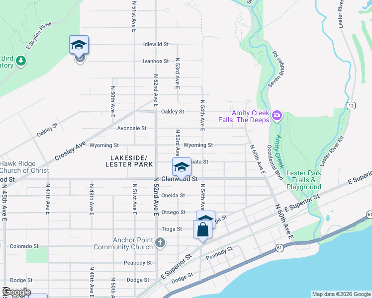 map of restaurants, bars, coffee shops, grocery stores, and more near 5314 Wyoming Street in Duluth