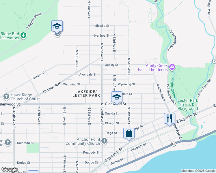 map of restaurants, bars, coffee shops, grocery stores, and more near 5220 Wyoming Street in Duluth