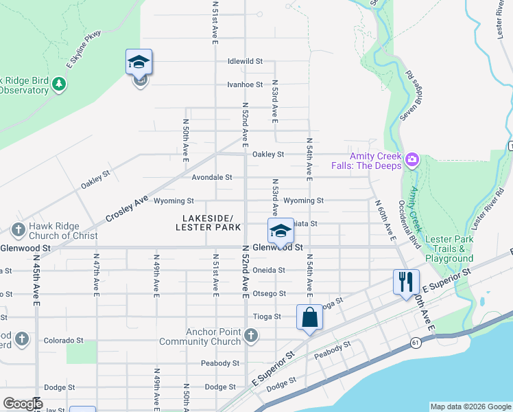 map of restaurants, bars, coffee shops, grocery stores, and more near 5220 Wyoming Street in Duluth