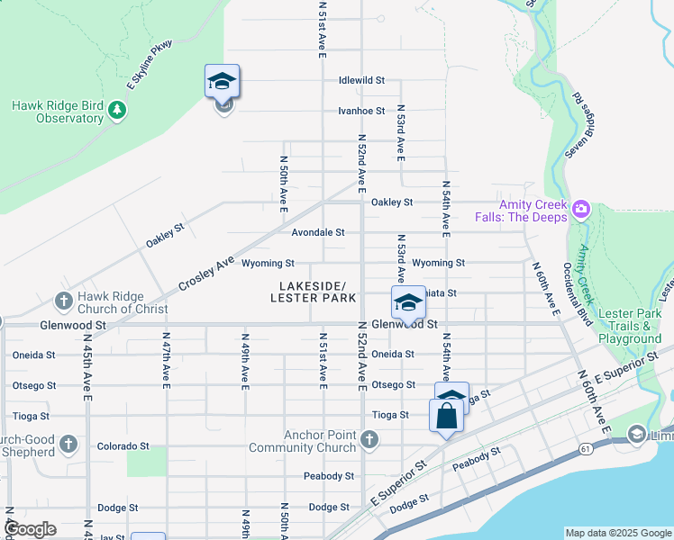 map of restaurants, bars, coffee shops, grocery stores, and more near 5128 Wyoming Street in Duluth