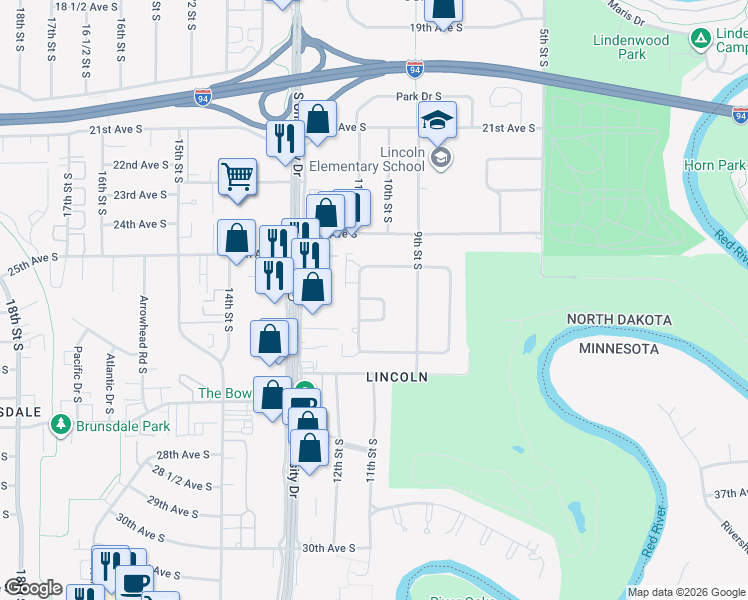 map of restaurants, bars, coffee shops, grocery stores, and more near 2502 West Country Club Drive in Fargo