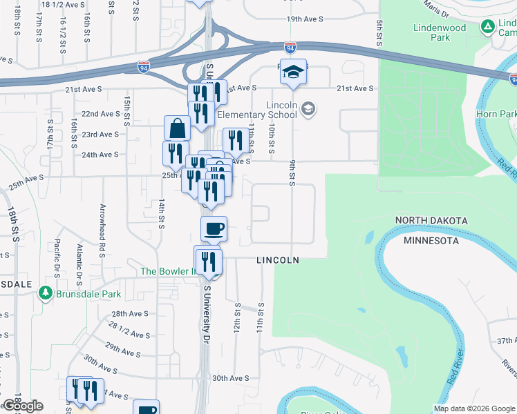map of restaurants, bars, coffee shops, grocery stores, and more near 2502 West Country Club Drive in Fargo