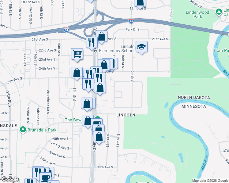 map of restaurants, bars, coffee shops, grocery stores, and more near 2457 West Country Club Drive South in Fargo