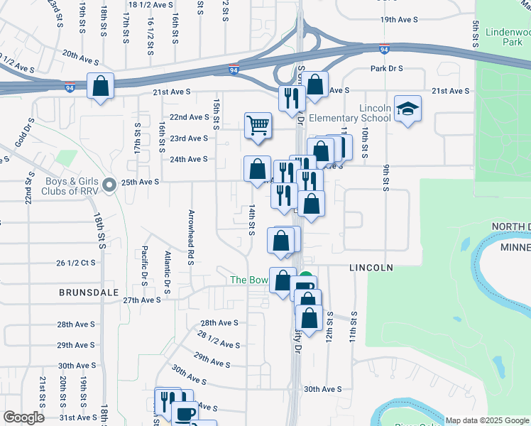 map of restaurants, bars, coffee shops, grocery stores, and more near 2550 14th Street South in Fargo