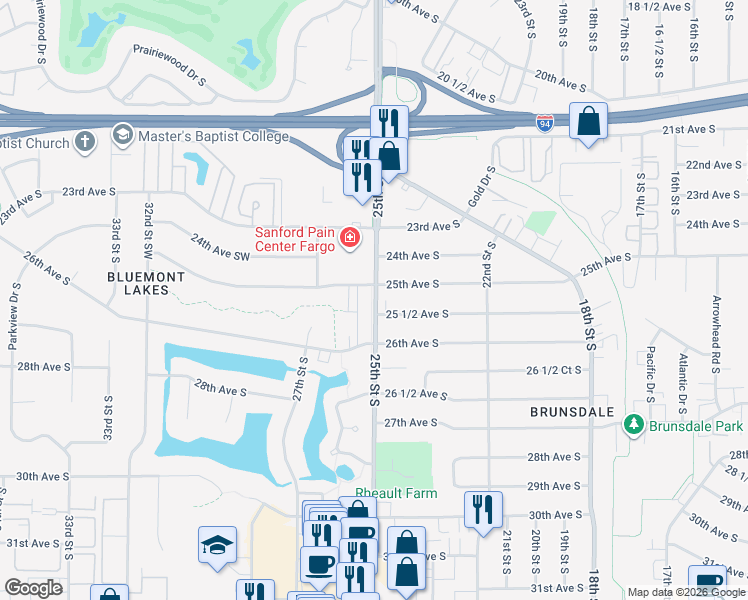 map of restaurants, bars, coffee shops, grocery stores, and more near 2529 25th Street South in Fargo