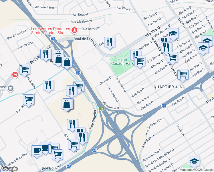 map of restaurants, bars, coffee shops, grocery stores, and more near 5115 6e Av Ouest in Québec