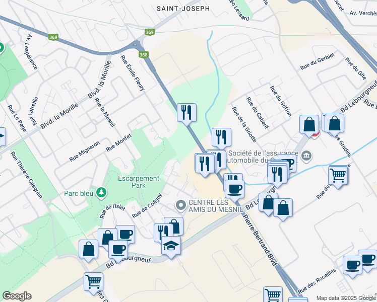 map of restaurants, bars, coffee shops, grocery stores, and more near 6655-6921 Pierre-Bertrand Boulevard in Quebec