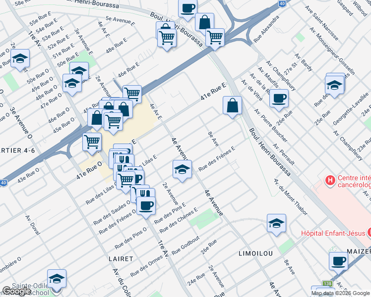 map of restaurants, bars, coffee shops, grocery stores, and more near 417 Rue de la Colombière Est in Québec