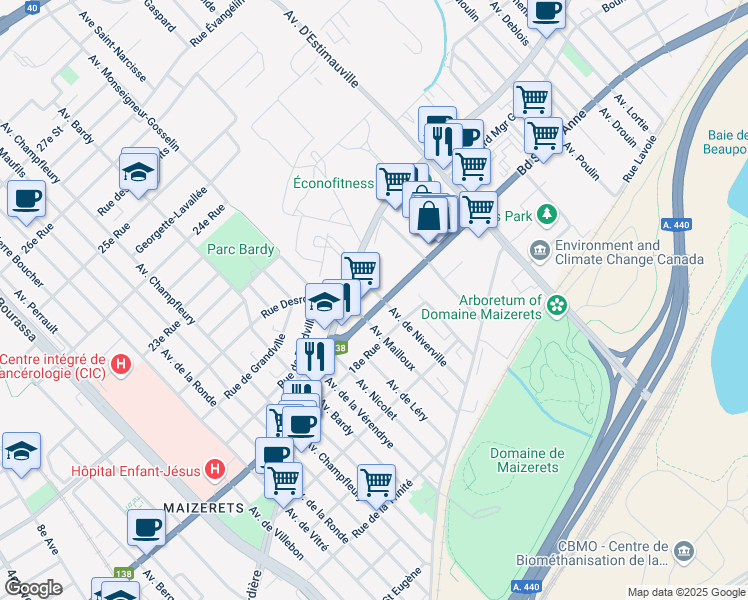 map of restaurants, bars, coffee shops, grocery stores, and more near 2285 Boulevard Sainte-Anne in Québec