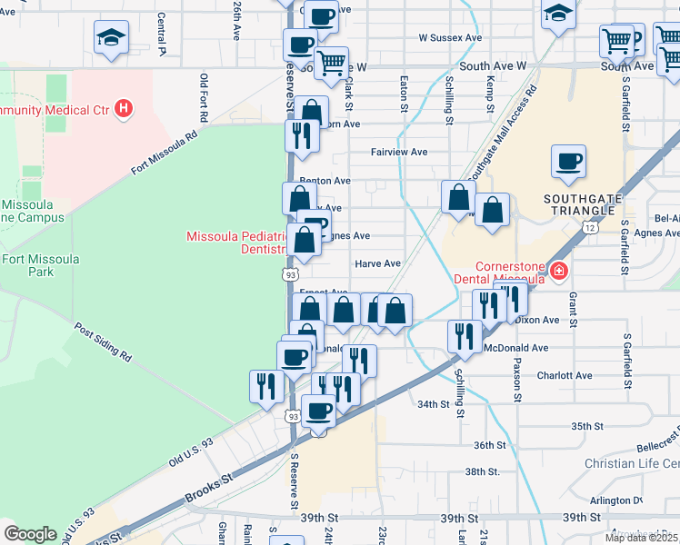 map of restaurants, bars, coffee shops, grocery stores, and more near 3107 Clark Street in Missoula