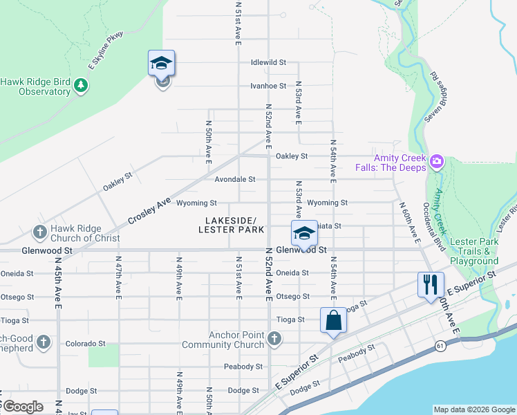 map of restaurants, bars, coffee shops, grocery stores, and more near 5128 Wyoming Street in Duluth