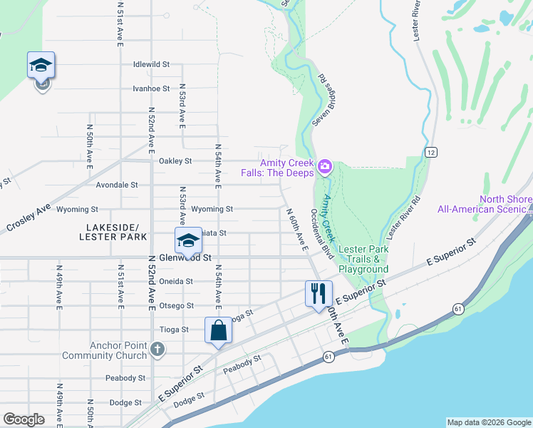 map of restaurants, bars, coffee shops, grocery stores, and more near 5718 Wyoming Street in Duluth