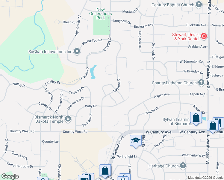 map of restaurants, bars, coffee shops, grocery stores, and more near 3216 Daytona Drive in Bismarck