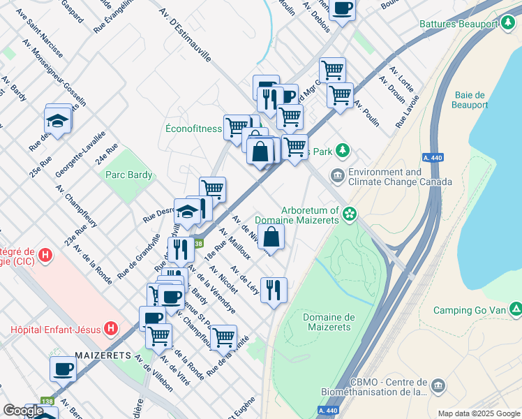 map of restaurants, bars, coffee shops, grocery stores, and more near 1780 Avenue Ernest Lapointe in Québec