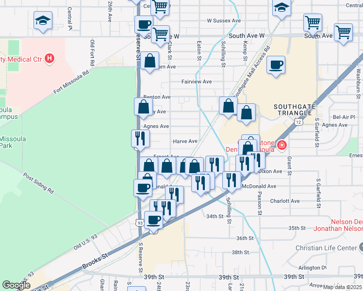 map of restaurants, bars, coffee shops, grocery stores, and more near 2333 Harve Avenue in Missoula