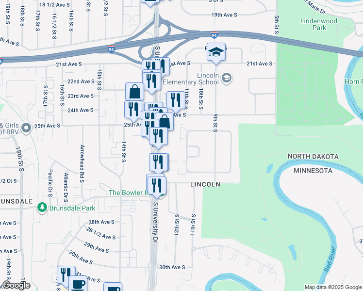 map of restaurants, bars, coffee shops, grocery stores, and more near 2457 West Country Club Drive South in Fargo
