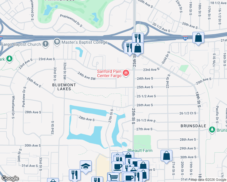 map of restaurants, bars, coffee shops, grocery stores, and more near 2536 25th Ave S in Fargo